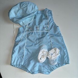 Vtg Baby Outfit romper Light Blue Doll white with hat and booties -Japan